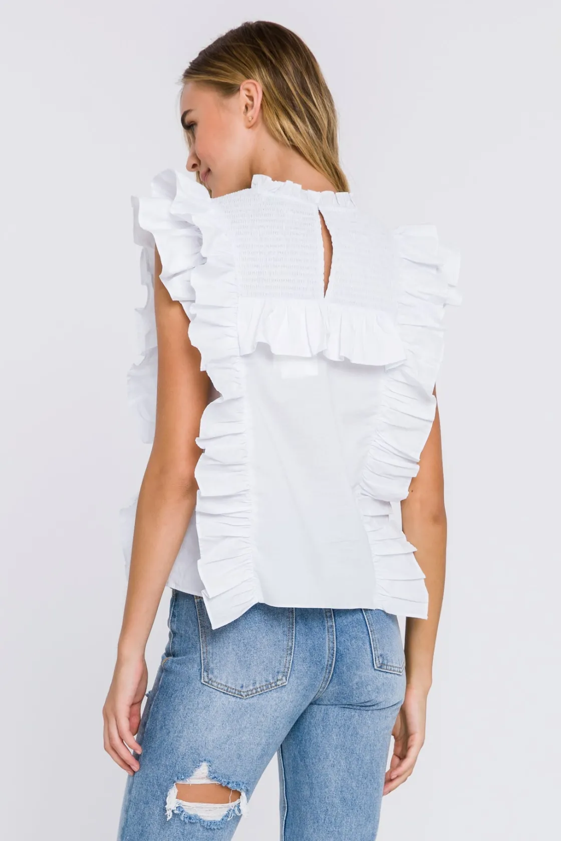english_factory__poplin_s_3.webp ENGLISH FACTORY Tops*- Poplin Smocked Ruffled Top WHITE