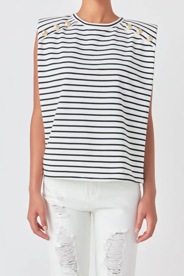 ENGLISH FACTORY Tops*- Power Shoulder Top WHITE/BLACK