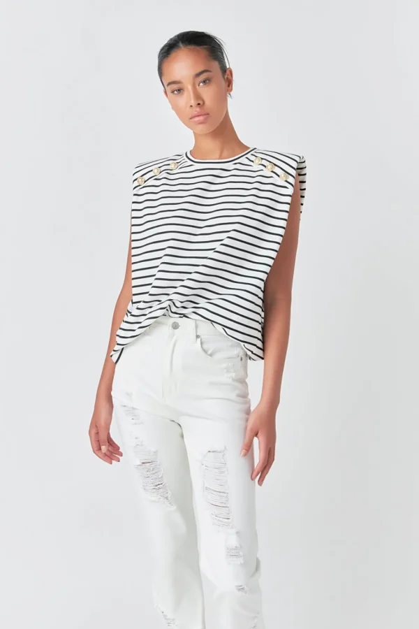 ENGLISH FACTORY Tops*- Power Shoulder Top WHITE/BLACK
