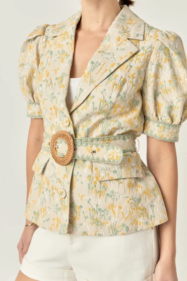 ENGLISH FACTORY Jackets & Coats | Tops*- Premium Embroidered Linen Belted Short Sleeve Jacket TANMULTI