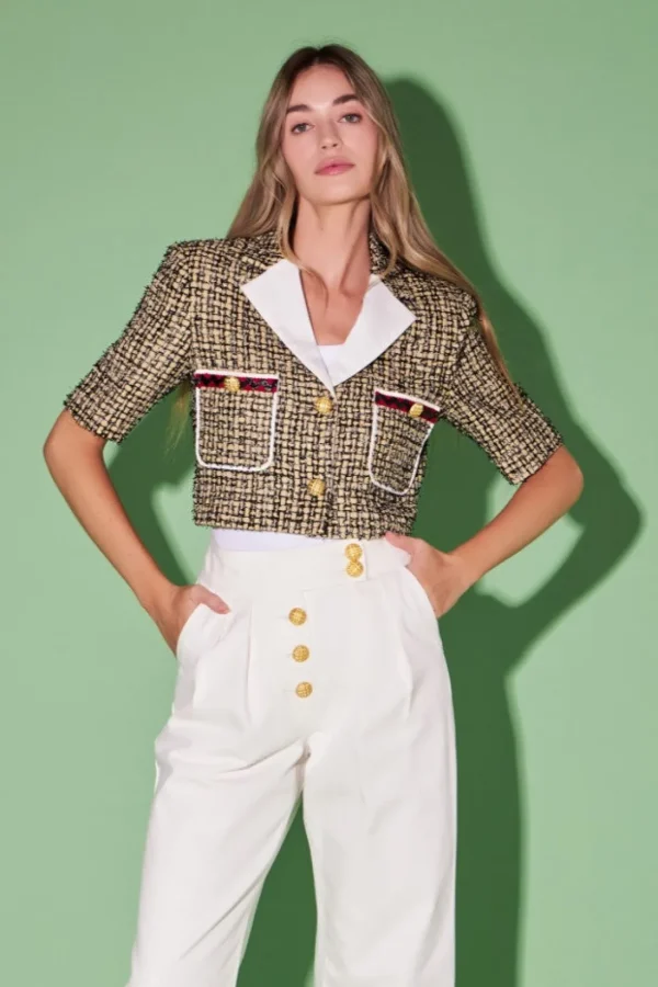 ENGLISH FACTORY Matching Sets | Jackets & Coats*- Premium Cropped Tweed Jacket YELLOW/BLACK