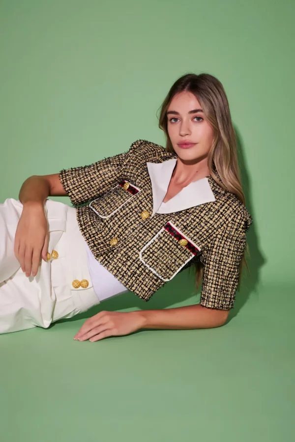 ENGLISH FACTORY Matching Sets | Jackets & Coats*- Premium Cropped Tweed Jacket YELLOW/BLACK