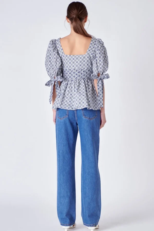 ENGLISH FACTORY Tops*- Print Block Smocked Top WHITE/BLUE