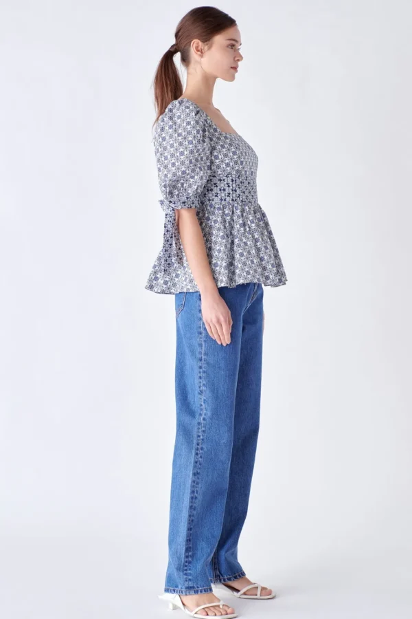 ENGLISH FACTORY Tops*- Print Block Smocked Top WHITE/BLUE