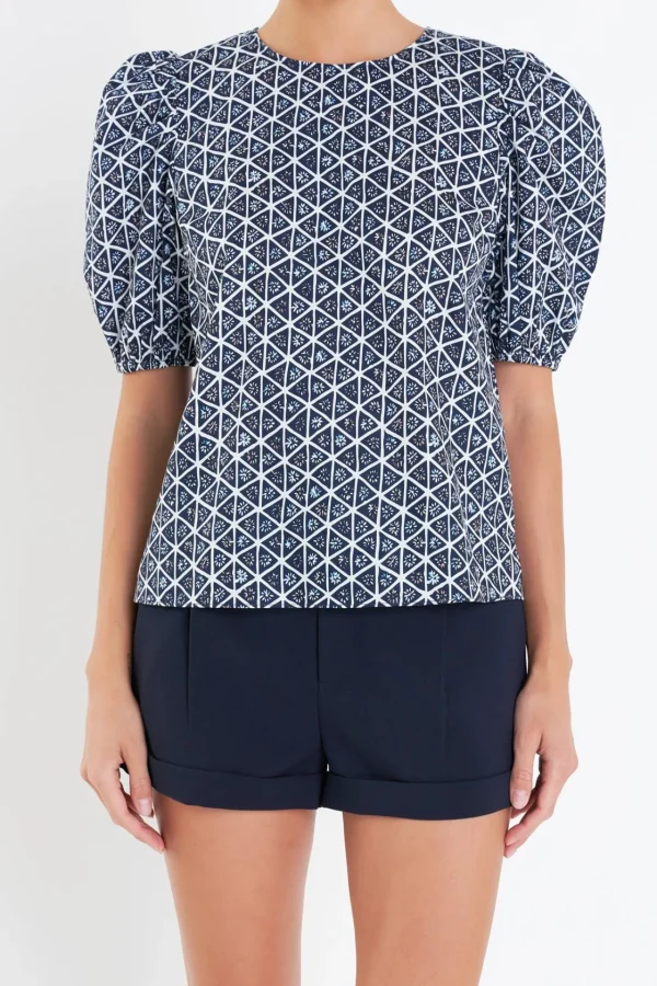 ENGLISH FACTORY Tops*- Print Puff Sleeve Top NAVYMULTI