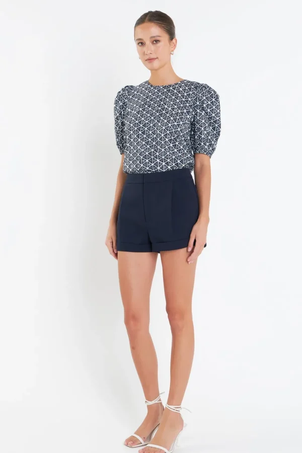 ENGLISH FACTORY Tops*- Print Puff Sleeve Top NAVYMULTI