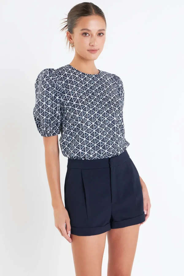 ENGLISH FACTORY Tops*- Print Puff Sleeve Top NAVYMULTI