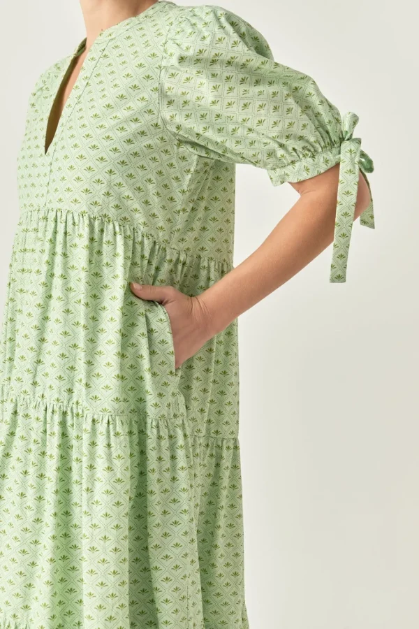 ENGLISH FACTORY Puff Sleeve | Tops*- Print V Neck Midi Dress CHARTREUSE