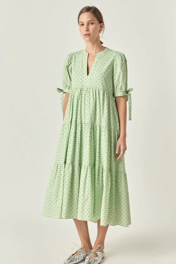 ENGLISH FACTORY Puff Sleeve | Tops*- Print V Neck Midi Dress CHARTREUSE