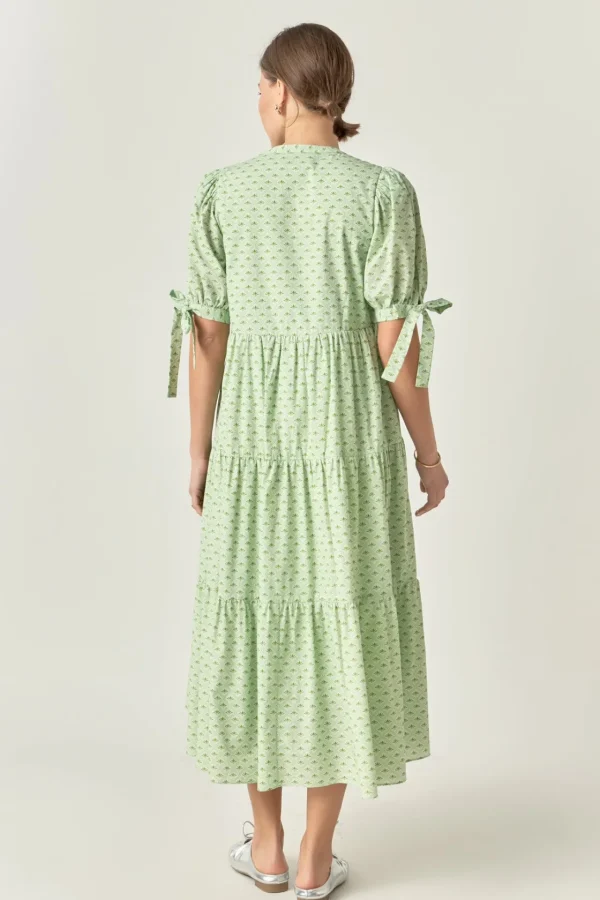 ENGLISH FACTORY Puff Sleeve | Tops*- Print V Neck Midi Dress CHARTREUSE