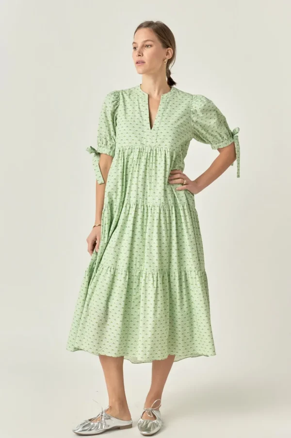 ENGLISH FACTORY Puff Sleeve | Tops*- Print V Neck Midi Dress CHARTREUSE