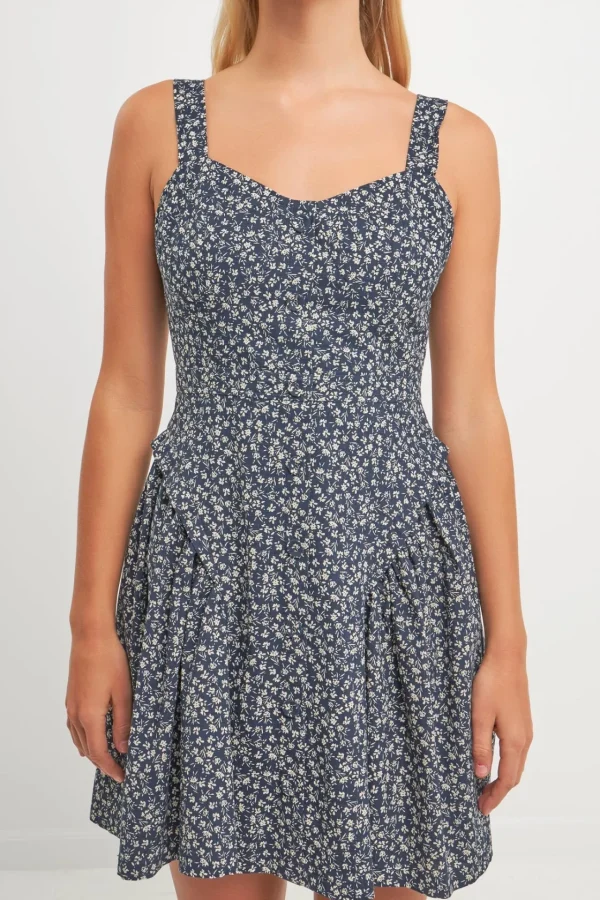 ENGLISH FACTORY Tops*- Printed Linen Bustier Dress NAVY