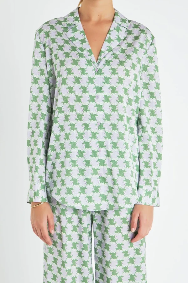 ENGLISH FACTORY Matching Sets | Shirts & Blouses*- Printed Satin Shirt GREEN/PURPLE