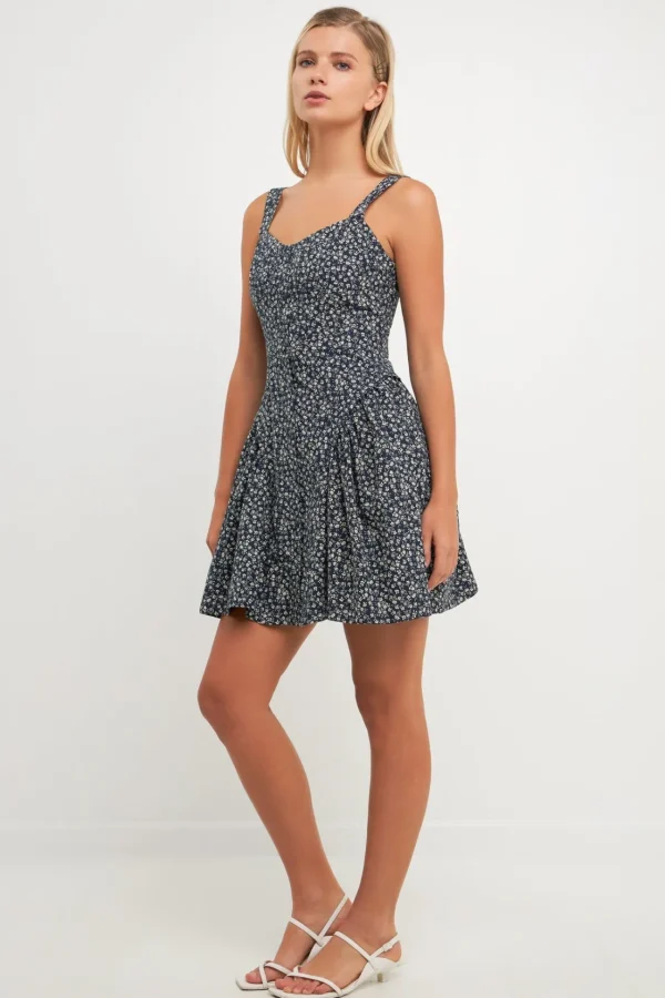 ENGLISH FACTORY Tops*- Printed Linen Bustier Dress NAVY