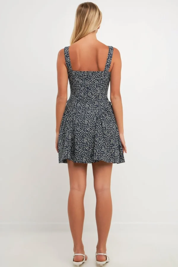 ENGLISH FACTORY Tops*- Printed Linen Bustier Dress NAVY