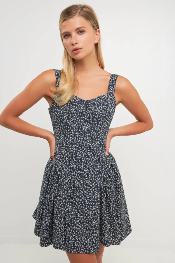 ENGLISH FACTORY Tops*- Printed Linen Bustier Dress NAVY