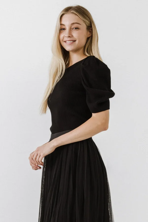 ENGLISH FACTORY Sweaters & Knits | Tops*- Puff Short Sleeve Sweater BLACK
