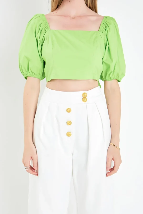 ENGLISH FACTORY Tops*- Puff Sleeve Top with Back Bow GREEN