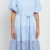 ENGLISH FACTORY Puff Sleeve | Tops*- Puff Sleeve Round Neckline Midi Dress BLUE