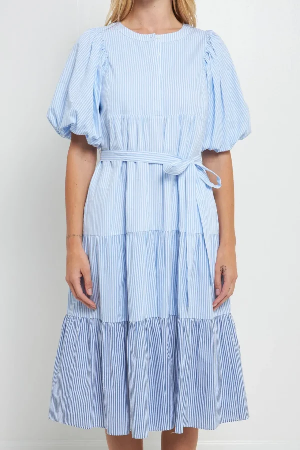 ENGLISH FACTORY Puff Sleeve | Tops*- Puff Sleeve Round Neckline Midi Dress BLUE