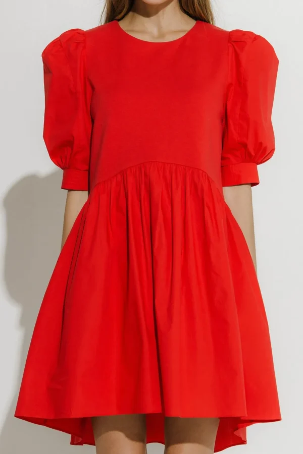 ENGLISH FACTORY Puff Sleeve | Tops*- Puff Sleeve High Low Knit Combo Dress