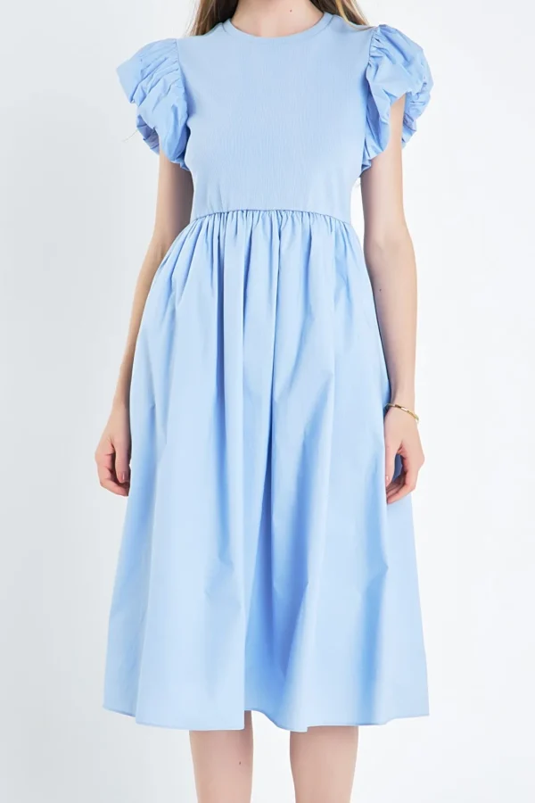 ENGLISH FACTORY Puff Sleeve | Tops*- Puff Sleeve Mixed Media Dress POWDERBLUE