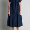 ENGLISH FACTORY Puff Sleeve | Tops*- Puff Sleeve Shirred Midi Dress NAVY