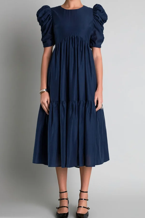 ENGLISH FACTORY Puff Sleeve | Tops*- Puff Sleeve Shirred Midi Dress NAVY