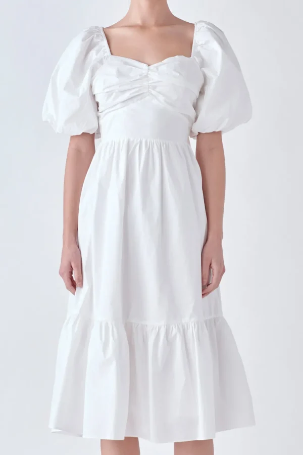 ENGLISH FACTORY White Dresses | Tops*- Puff Sleeve Back Bow Midi Dress WHITE