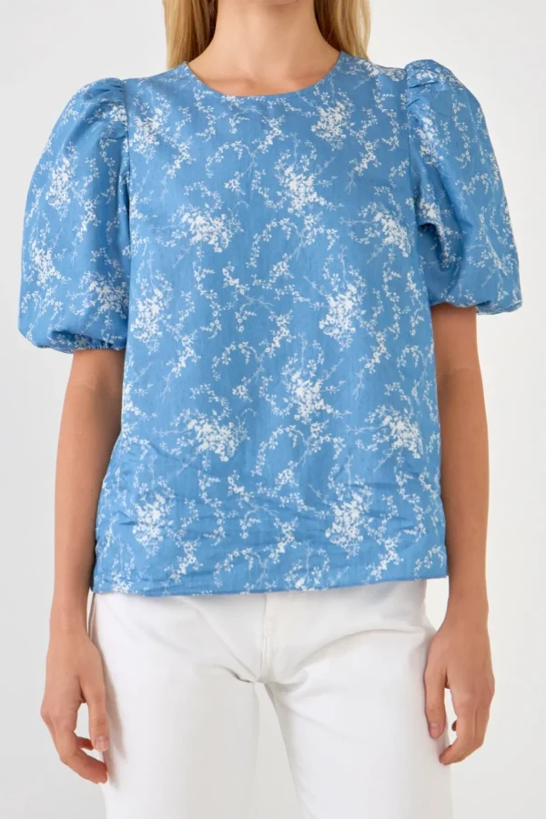 ENGLISH FACTORY Tops*- Puff Sleeve Chambray Floral Top LIGHTBLUE