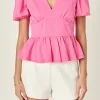 ENGLISH FACTORY Tops*- Puff Sleeve V-Neck Knit Top PINK