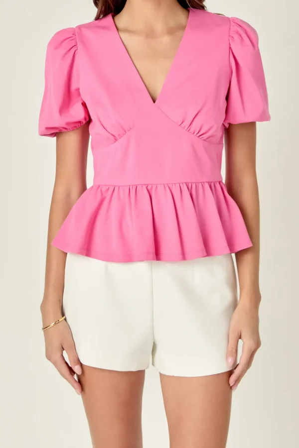 ENGLISH FACTORY Tops*- Puff Sleeve V-Neck Knit Top PINK
