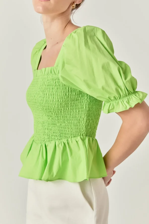 ENGLISH FACTORY Tops*- Puff Sleeve Top with Square Neckline CHARTREUSE