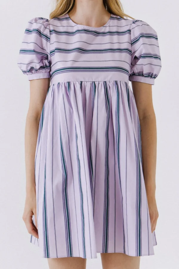 ENGLISH FACTORY Tops*- Puff Sleeve Striped Mini Dress LILAC