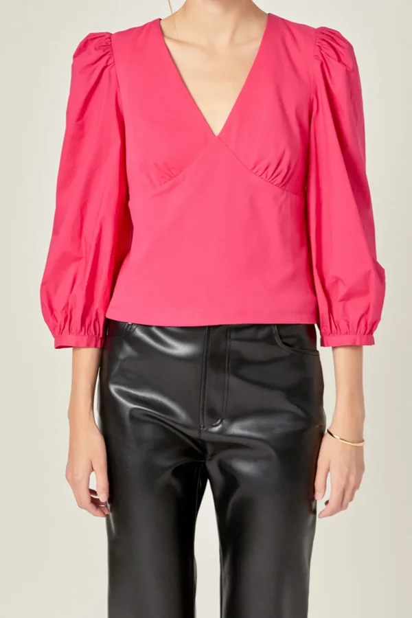 ENGLISH FACTORY Tops*- Puff Sleeve Mixed Media Top MAGENTA