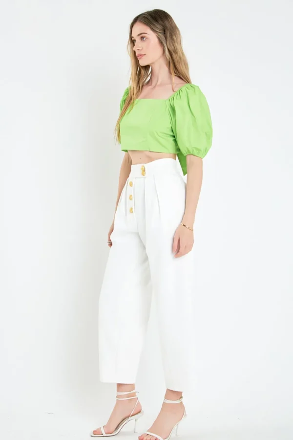 ENGLISH FACTORY Tops*- Puff Sleeve Top with Back Bow GREEN