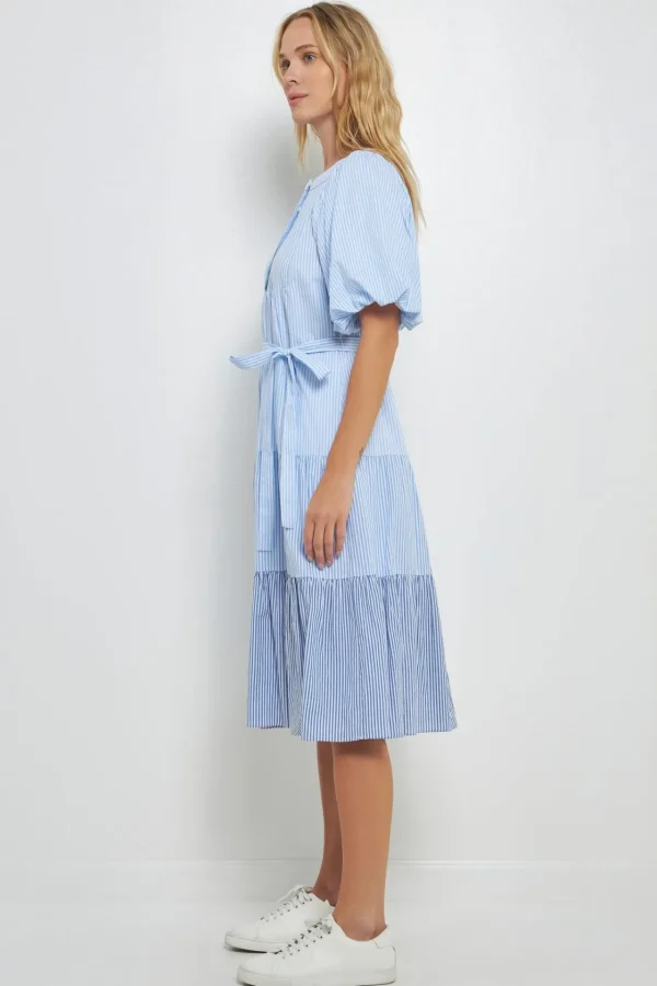 ENGLISH FACTORY Puff Sleeve | Tops*- Puff Sleeve Round Neckline Midi Dress BLUE
