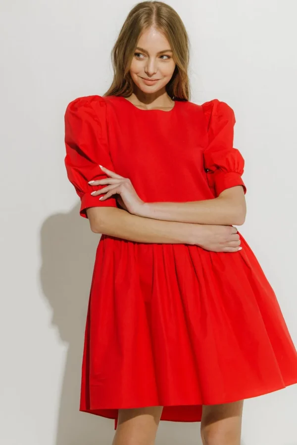 ENGLISH FACTORY Puff Sleeve | Tops*- Puff Sleeve High Low Knit Combo Dress