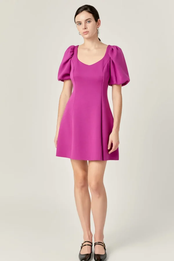 ENGLISH FACTORY Puff Sleeve | Tops*- Puff Sleeve Mini Dress in Orchid