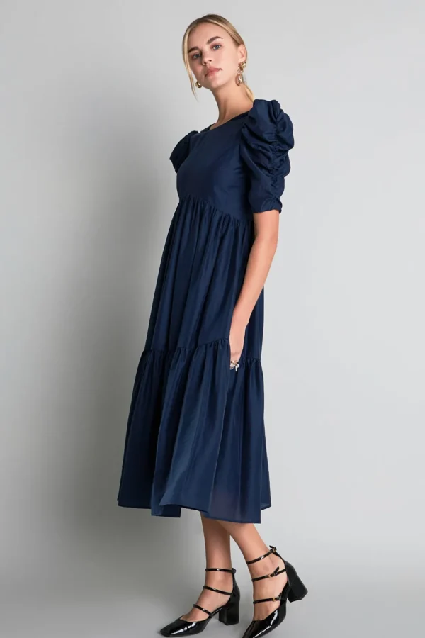 ENGLISH FACTORY Puff Sleeve | Tops*- Puff Sleeve Shirred Midi Dress NAVY