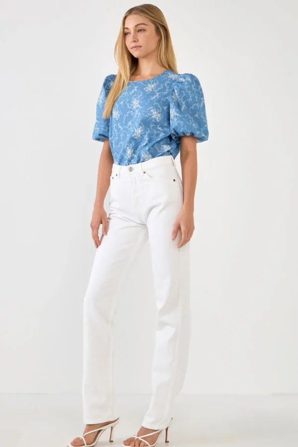 ENGLISH FACTORY Tops*- Puff Sleeve Chambray Floral Top LIGHTBLUE