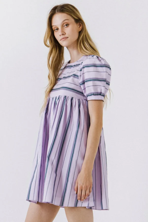 ENGLISH FACTORY Tops*- Puff Sleeve Striped Mini Dress LILAC