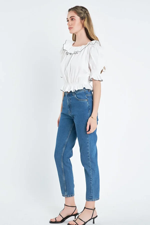ENGLISH FACTORY Matching Sets*- Puff Sleeve Crop Top OFFWHITE