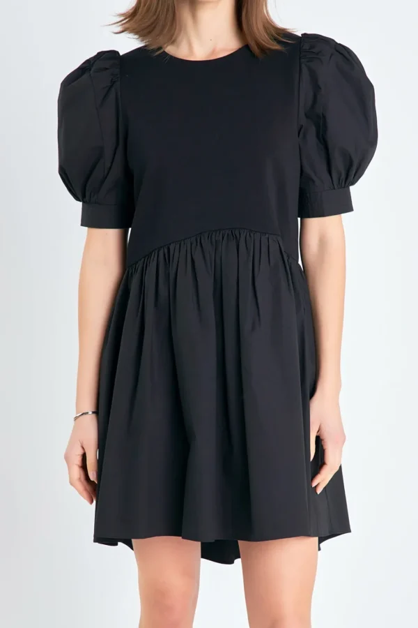 ENGLISH FACTORY Puff Sleeve | Tops*- Puff Sleeve High Low Knit Combo Dress