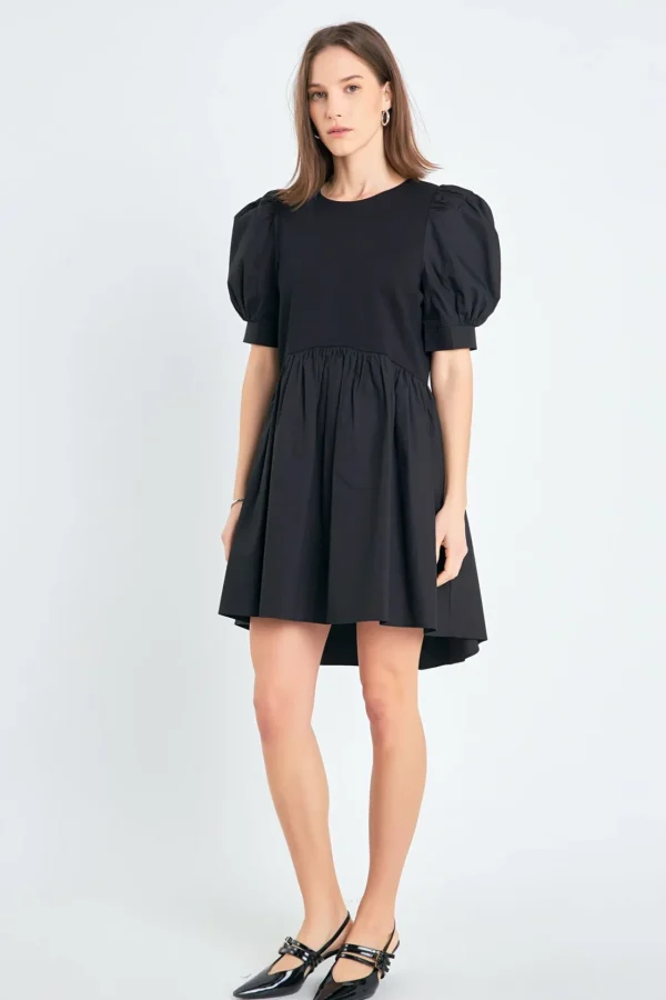 ENGLISH FACTORY Puff Sleeve | Tops*- Puff Sleeve High Low Knit Combo Dress
