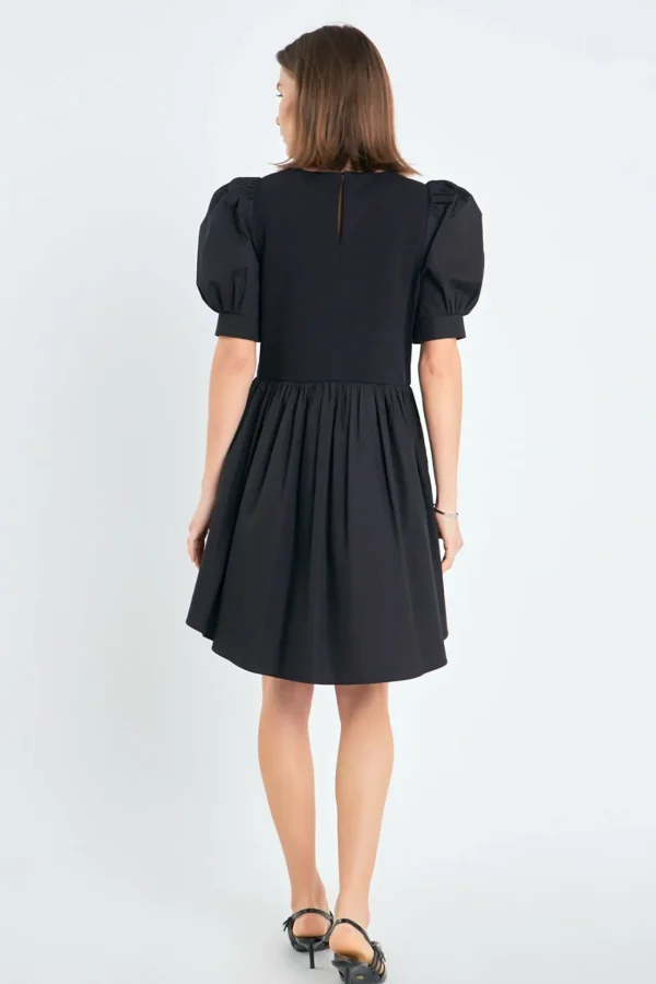 ENGLISH FACTORY Puff Sleeve | Tops*- Puff Sleeve High Low Knit Combo Dress
