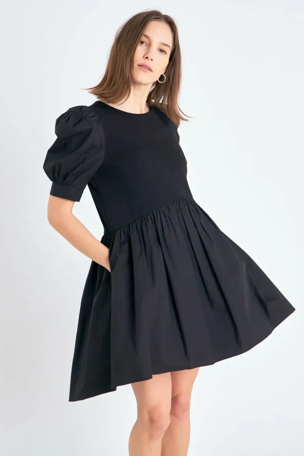 ENGLISH FACTORY Puff Sleeve | Tops*- Puff Sleeve High Low Knit Combo Dress