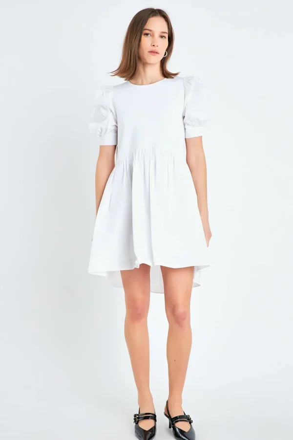 ENGLISH FACTORY Puff Sleeve | Tops*- Puff Sleeve High Low Knit Combo Dress
