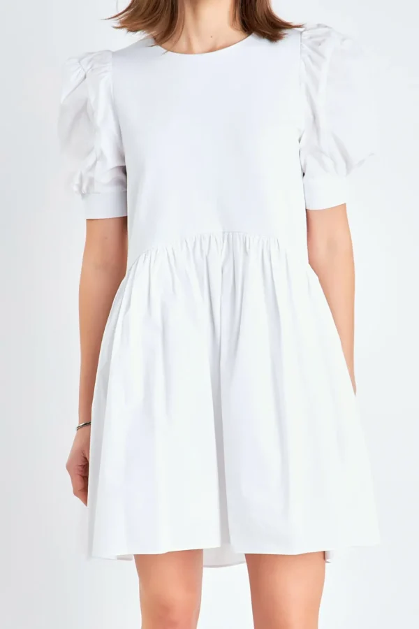 ENGLISH FACTORY Puff Sleeve | Tops*- Puff Sleeve High Low Knit Combo Dress