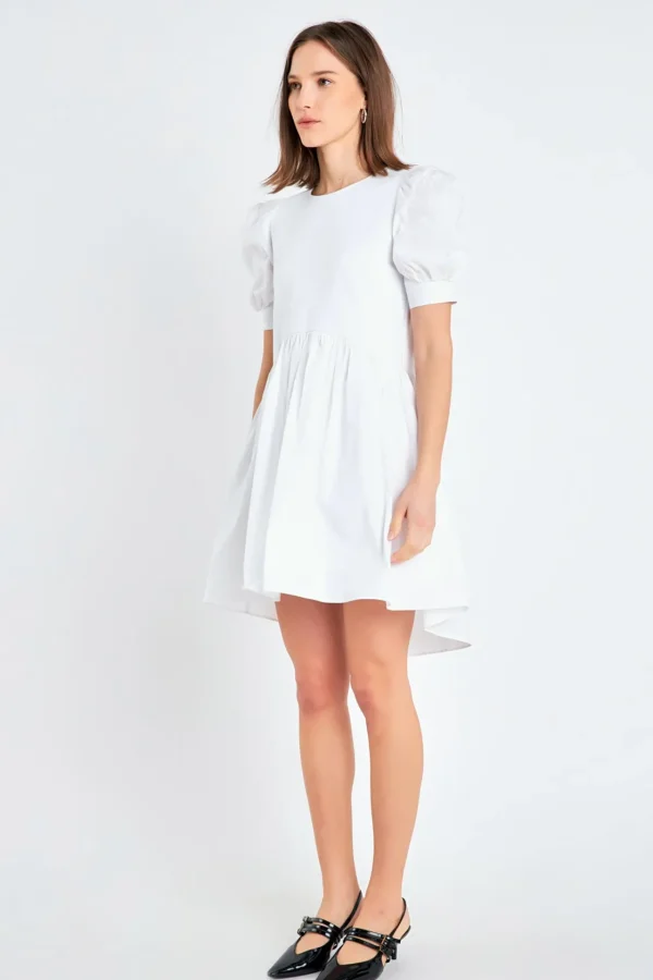 ENGLISH FACTORY Puff Sleeve | Tops*- Puff Sleeve High Low Knit Combo Dress